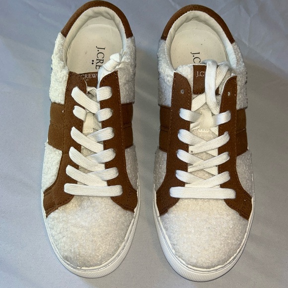 J Crew White Sherpa Brown Striped Suede Road Trip Sneakers Womans Sz 8 - Picture 2 of 15